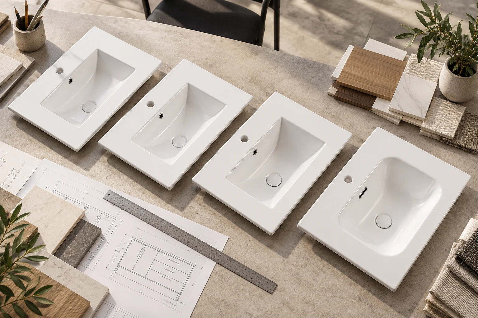 Four white ceramic vanity tops of different depths arranged on a specification worktable
