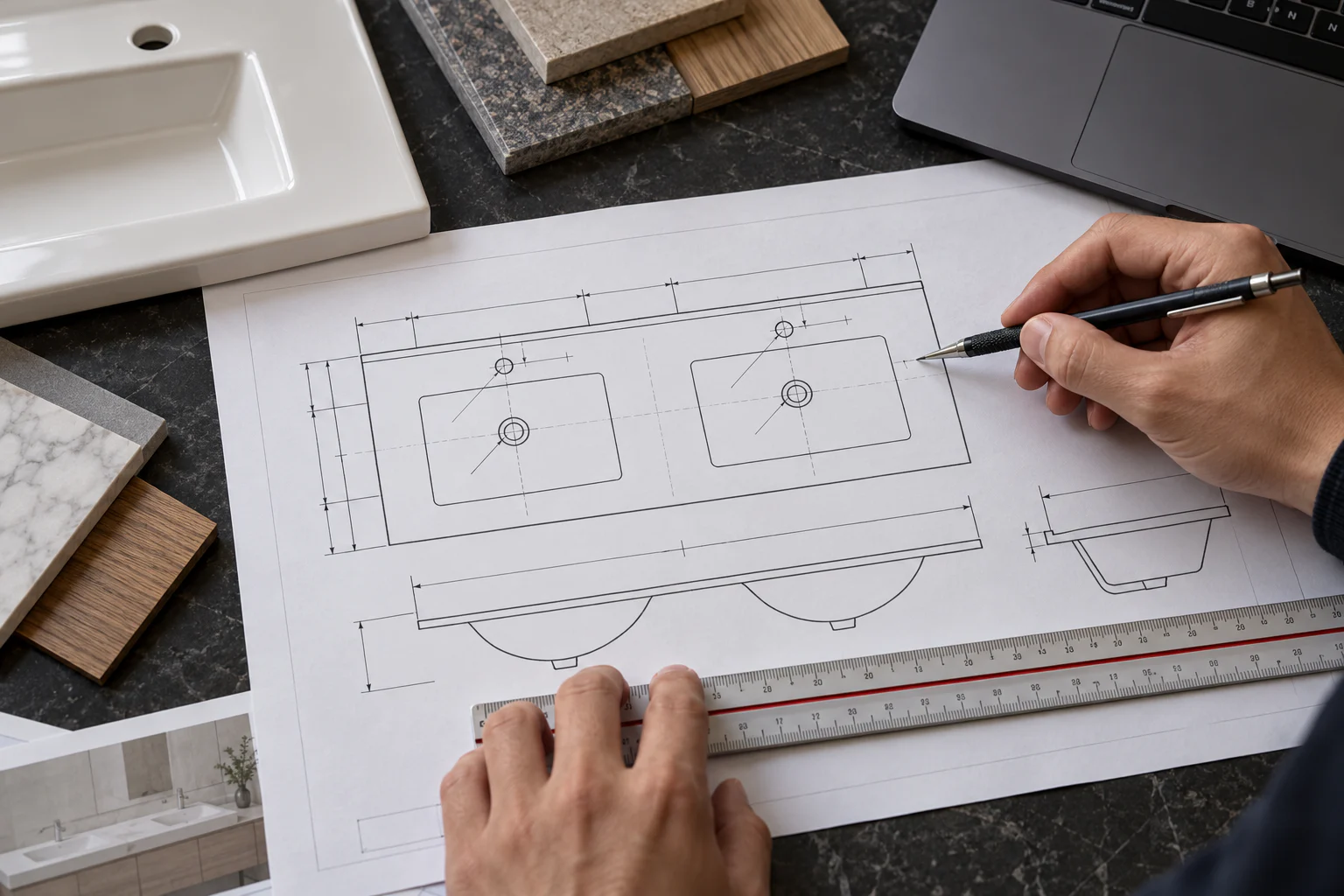 Procurement reviewer checking a double-bowl ceramic vanity top technical drawing with a scale ruler