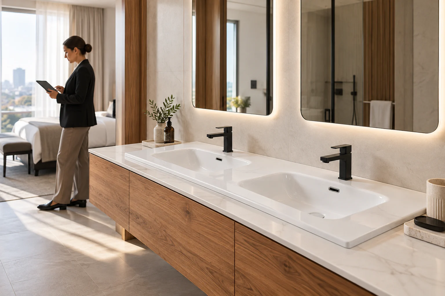 Double-bowl integrated ceramic vanity top installed in a contemporary hotel bathroom